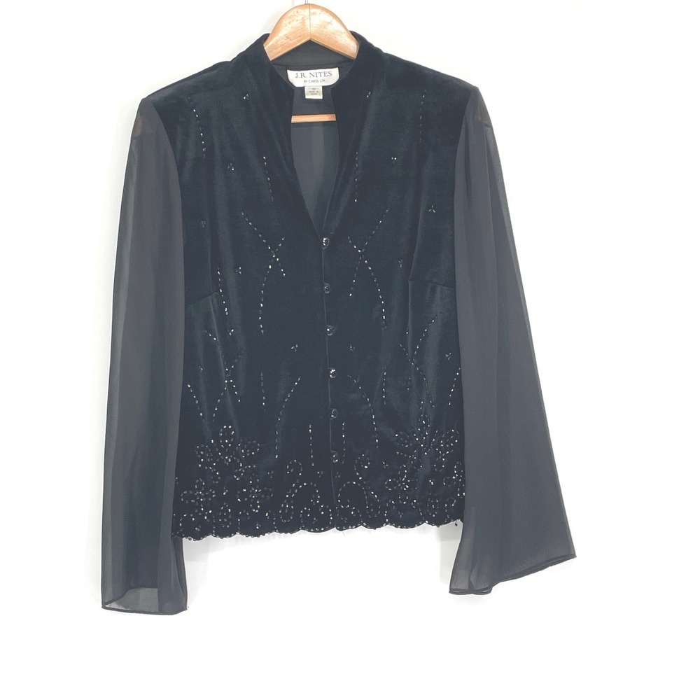 J.R. Nites Women Blouse 10 Button Front Black Velvet Beaded Sheer Sleeve Witchy